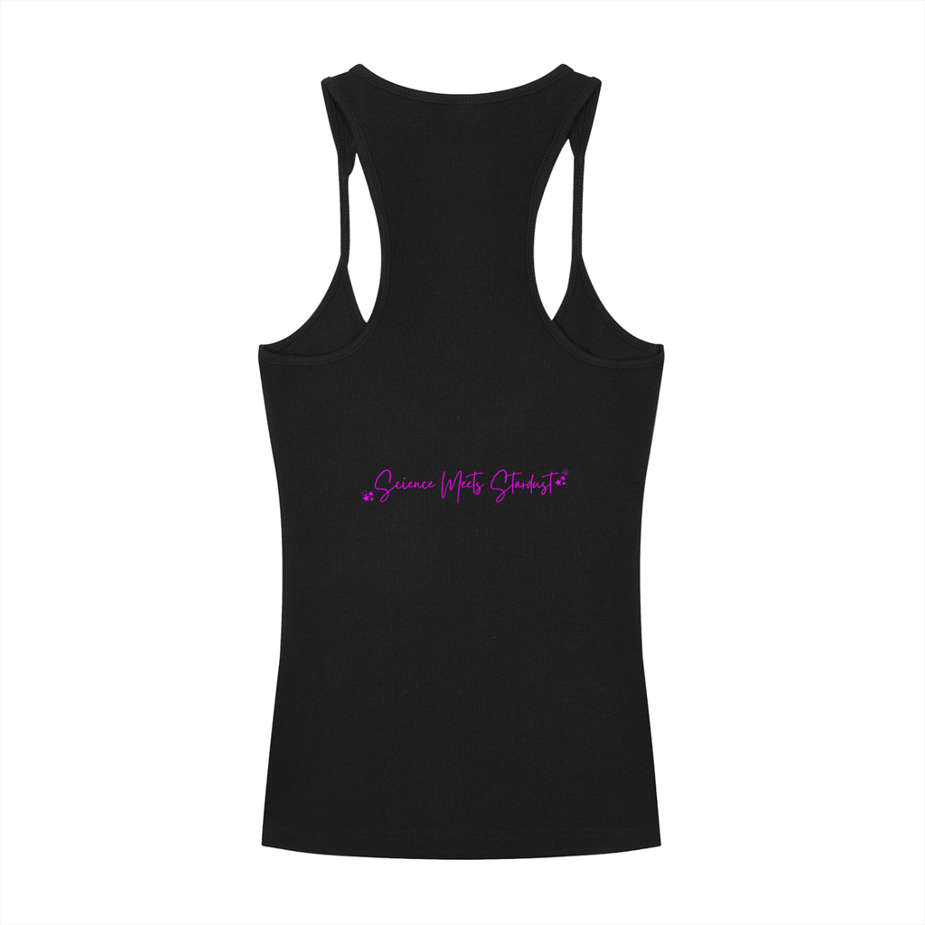 Back view of a black ribbed racerback tank top featuring the hot pink “Science Meets Stardust” script graphic across the back by Mandi Cruz Media.