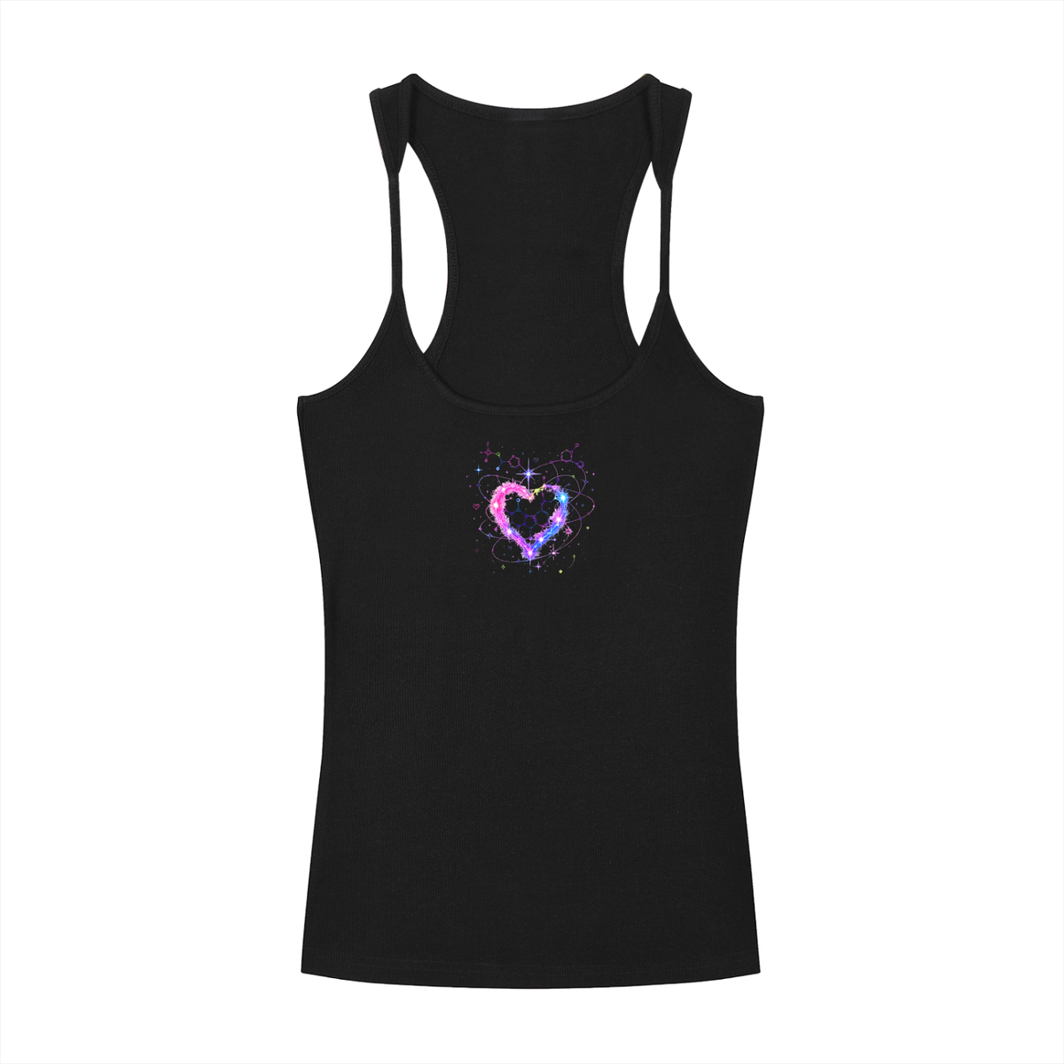 Black ribbed racerback tank top featuring a pink, purple and blue cosmic heart graphic on the front by Mandi Cruz Media.