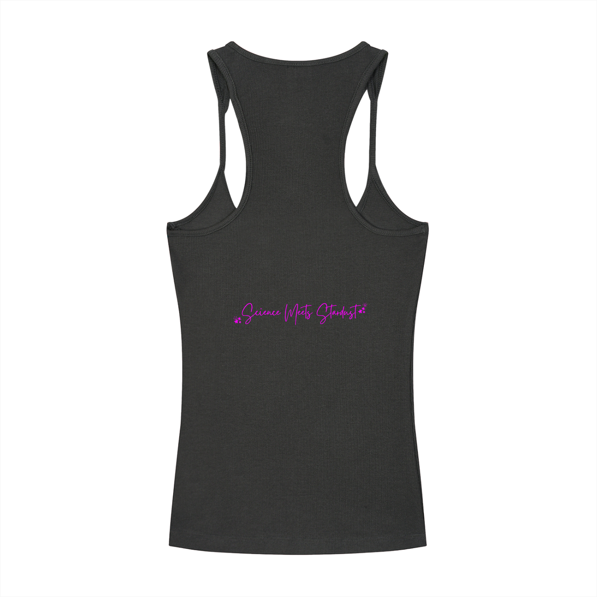 Back view of charcoal ribbed racerback tank top featuring the hot pink Science Meets Stardust script graphic by Mandi Cruz Media.
