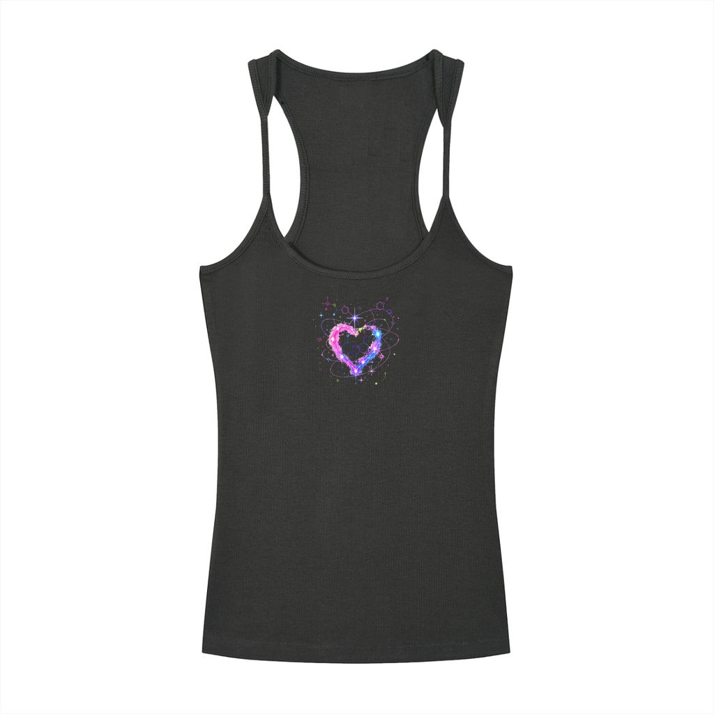 Front view of charcoal ribbed racerback tank top featuring a pink, purple and blue cosmic heart molecular graphic by Mandi Cruz Media.