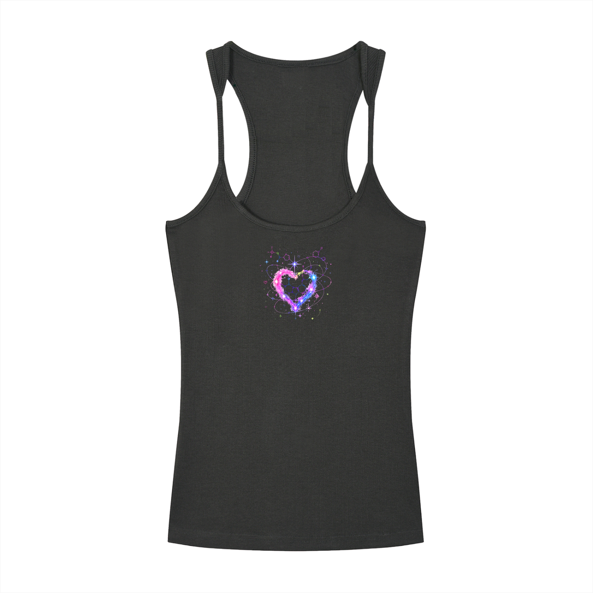 Front view of charcoal ribbed racerback tank top featuring a pink, purple and blue cosmic heart molecular graphic by Mandi Cruz Media.