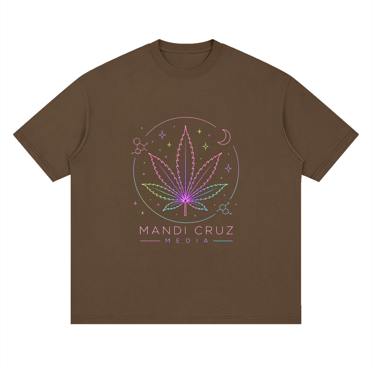 Meteor brown oversized Mandi Cruz Media T-shirt with neon cannabis leaf, celestial stars, moon and science-inspired graphic on front