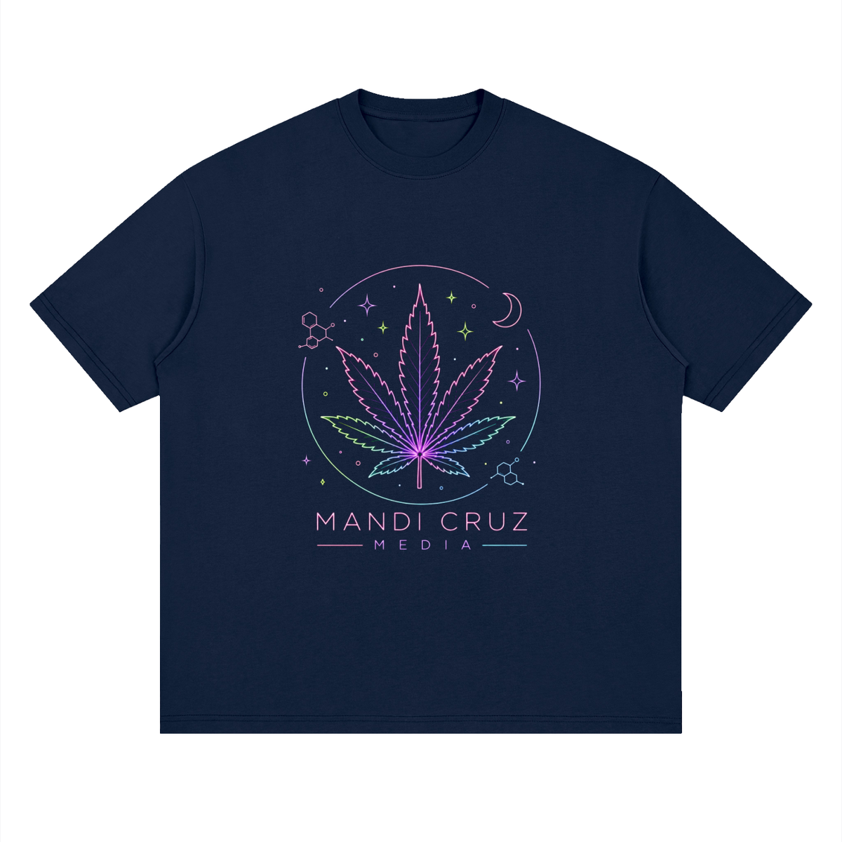 Navy oversized Mandi Cruz Media T-shirt with neon cannabis leaf, celestial stars, moon and science-inspired graphic on front