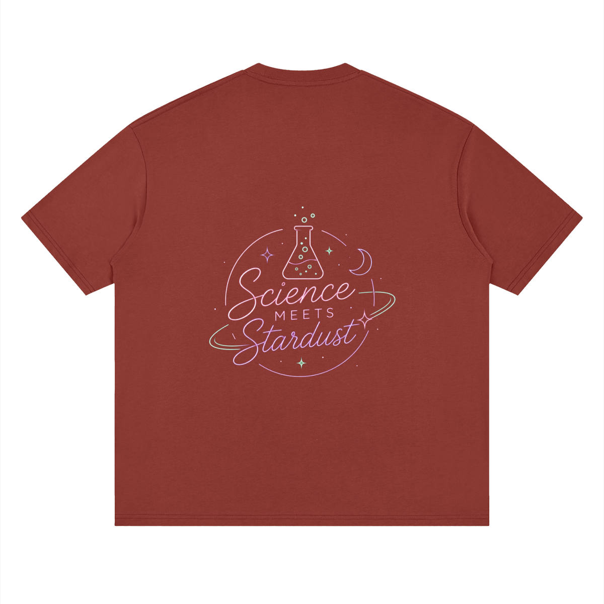Navy oversized Mandi Cruz Media T-shirt rover red back with pastel Science Meets Stardust™ beaker, moon, stars and cosmic orbit graphic