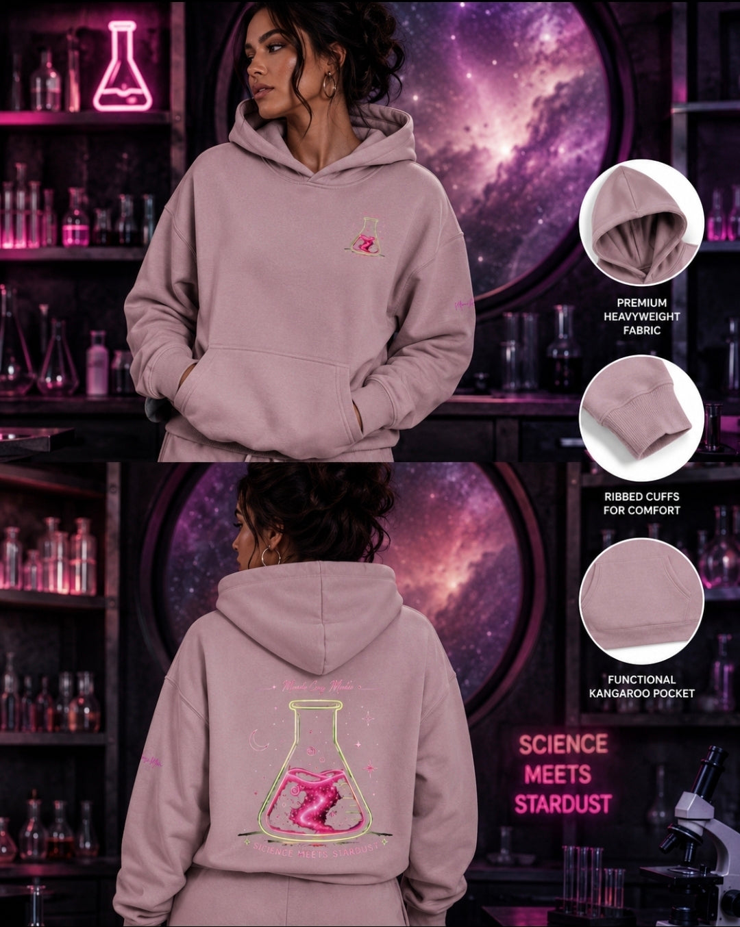 Model wearing dusty pink Mandi Cruz Media Science Meets Stardust oversized fleece hoodie, showing front chest graphic and colorful back flask artwork.