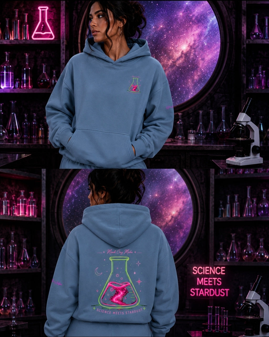 Model wearing jeans blue Science Meets Stardust oversized fleece hoodie with small Mandi Cruz Media chest graphic and colorful science-inspired back design.