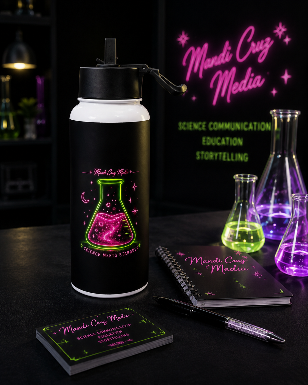 Mandi Cruz Media water bottle displayed in a dark science studio with glowing laboratory flasks and stationery.