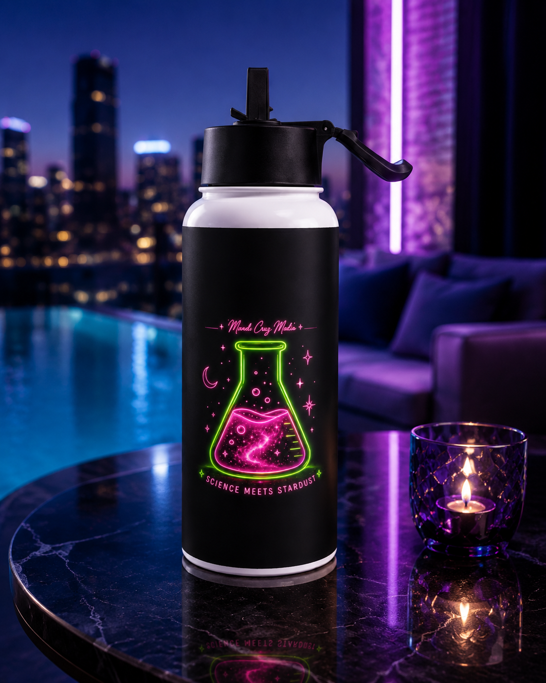 Neon beaker Science Meets Stardust water bottle displayed poolside against a purple and blue city backdrop.