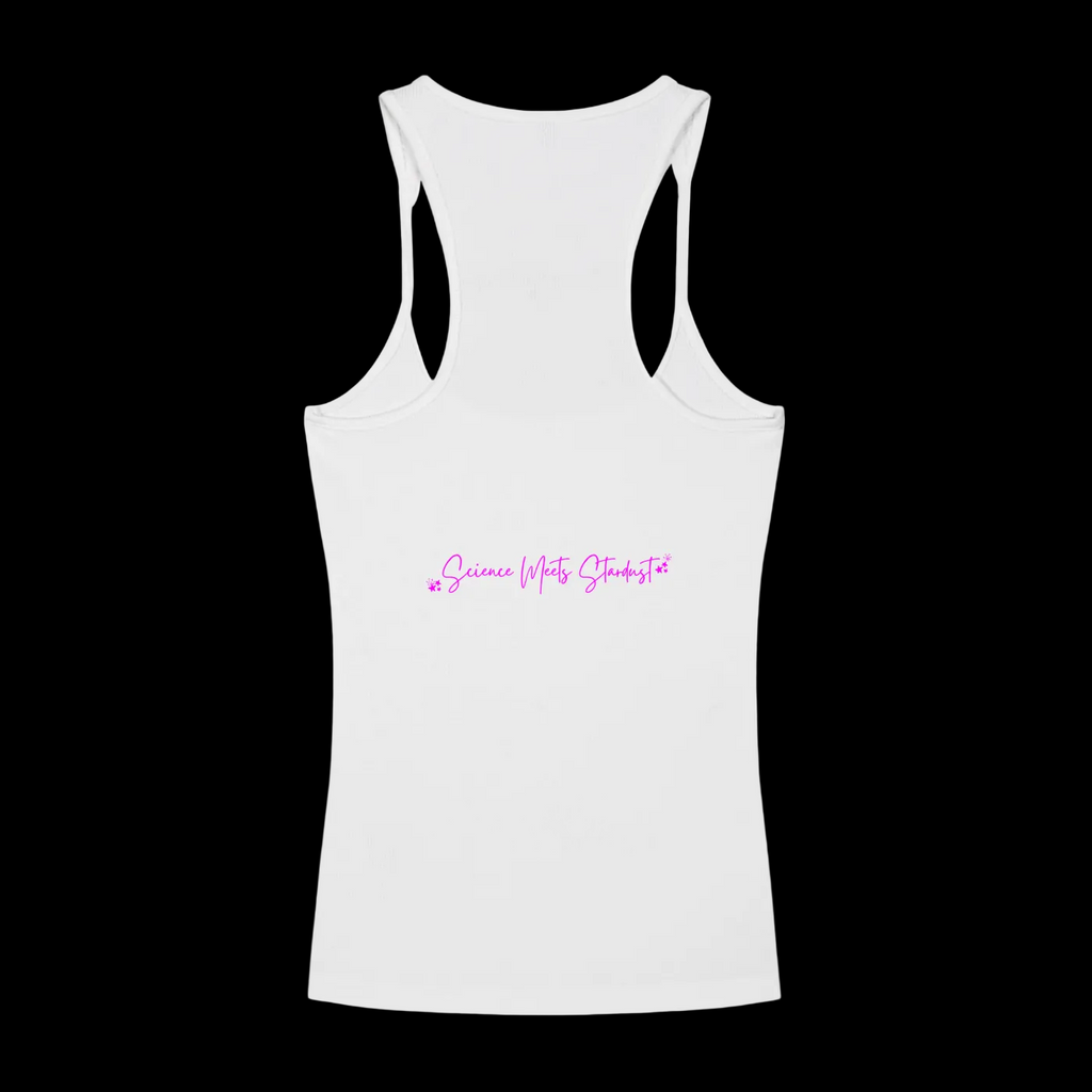 Back of white ribbed racerback tank top featuring pink Science Meets Stardust script