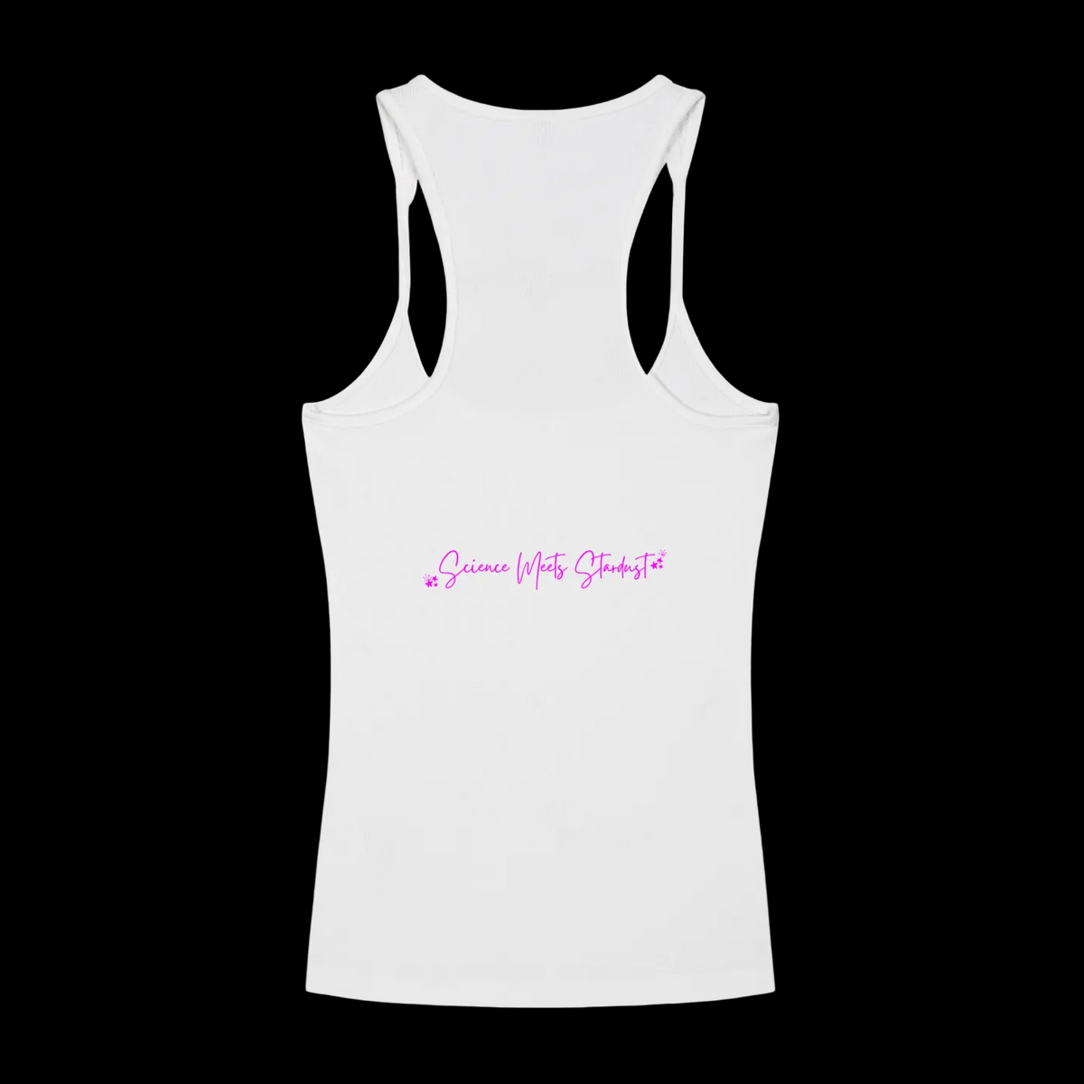 Back of white ribbed racerback tank top featuring pink Science Meets Stardust script