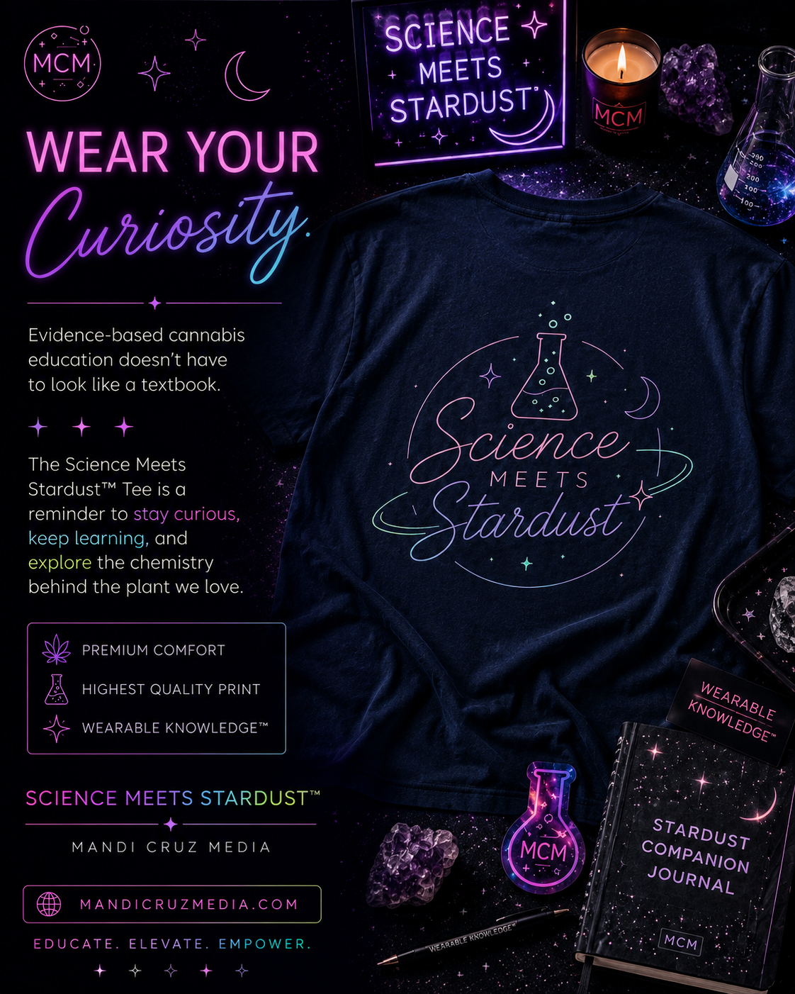 Slide 2 — Wear Your Curiosity
Navy Science Meets Stardust T-shirt displayed in a cosmic, science-inspired flat lay with a glowing neon sign, laboratory glassware, candle, crystal and Stardust Companion Journal. Text encourages viewers to “Wear Your Curiosity” and describes the shirt as a reminder to stay curious, keep learning and explore cannabis chemistry
