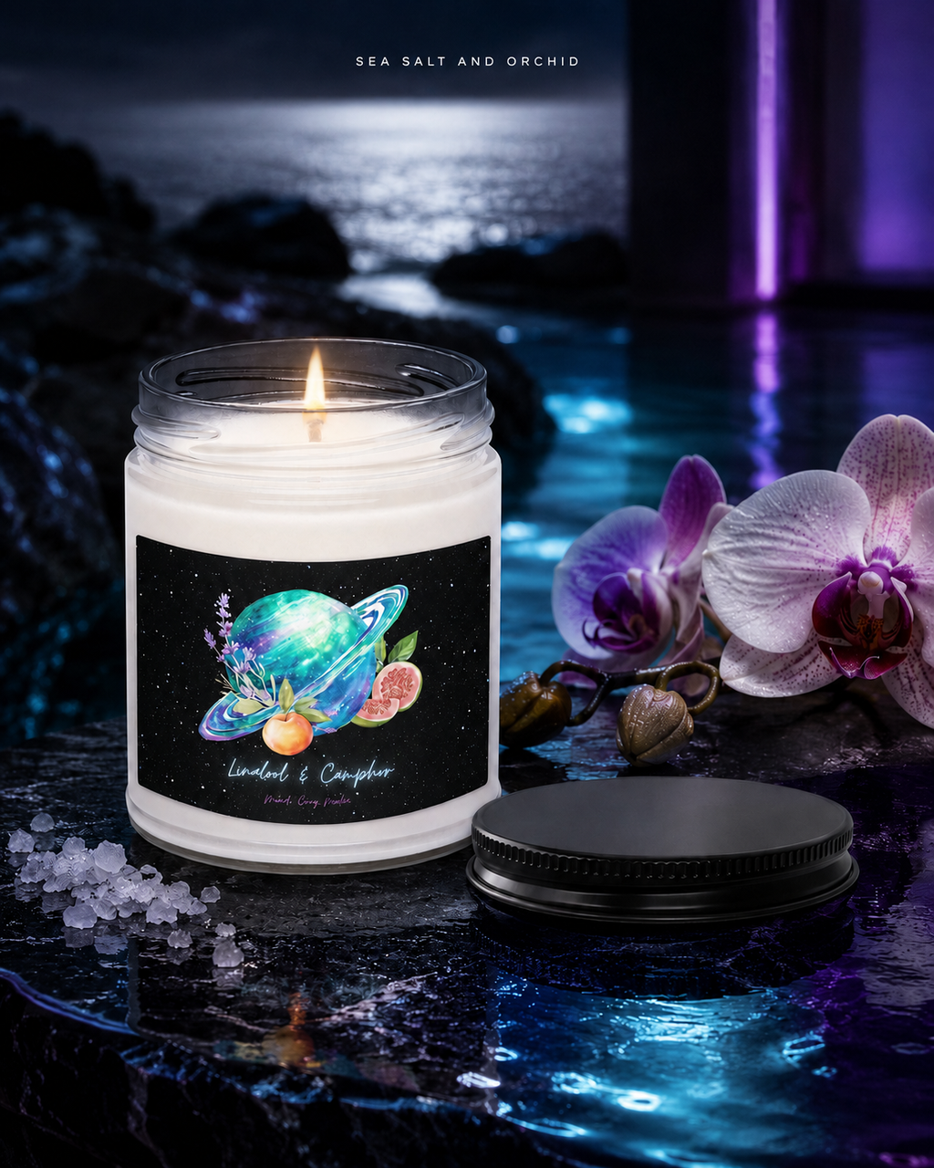 Sea Salt and Orchid soy candle styled with white sea salt, purple orchids and reflective cyan lighting.