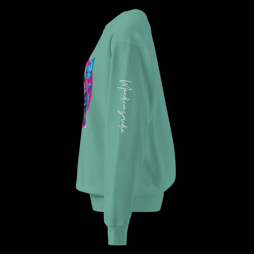 Left-side view of the Seafoam Butterfly Lungs sweatshirt showing the white Mandi Cruz Media sleeve signature.l