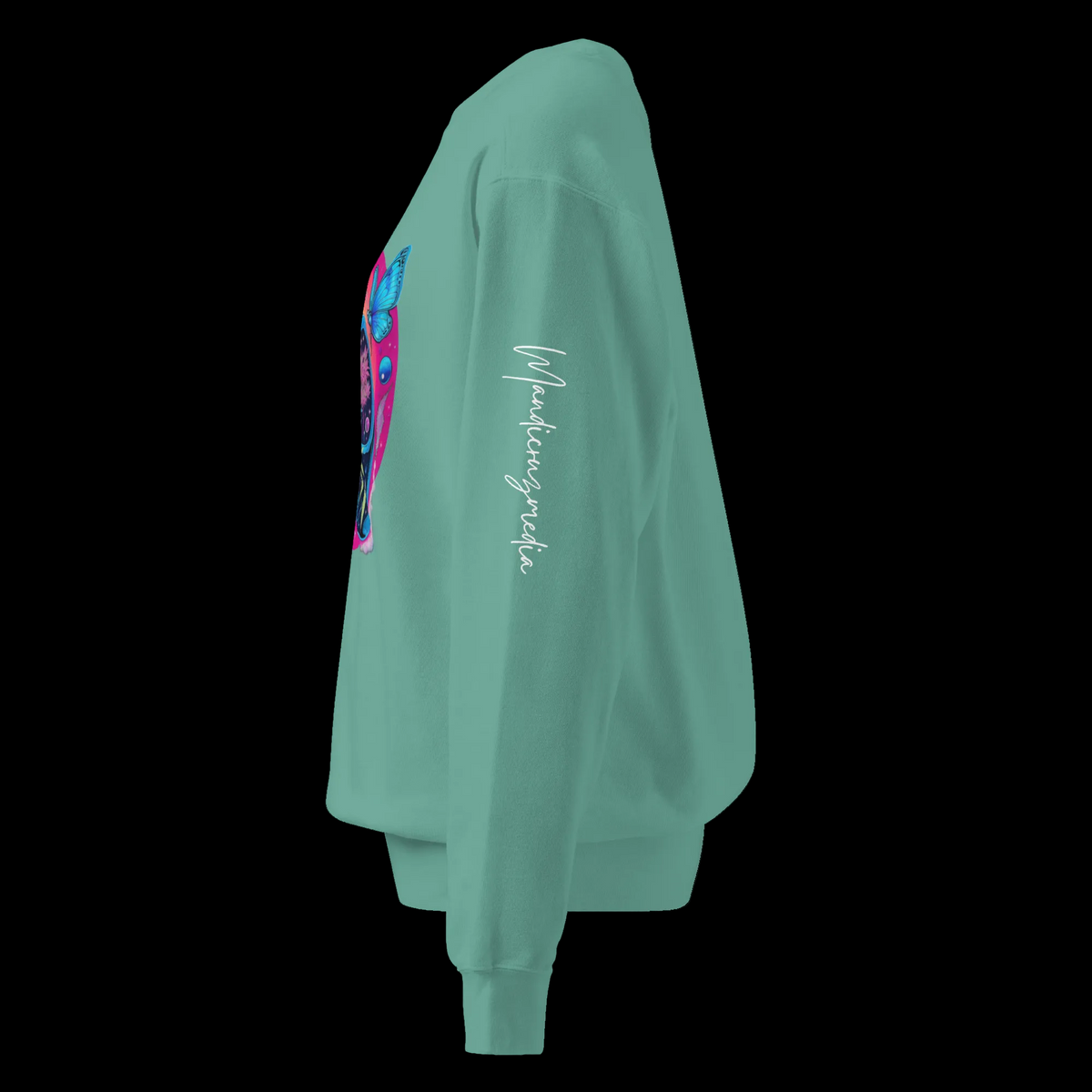 Left-side view of the Seafoam Butterfly Lungs sweatshirt showing the white Mandi Cruz Media sleeve signature.l