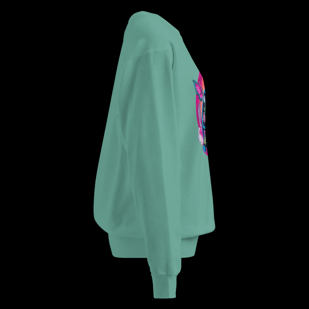 Right-side view of the Seafoam Butterfly Lungs unisex sweatshirt with a relaxed silhouette and partial chest artwork.