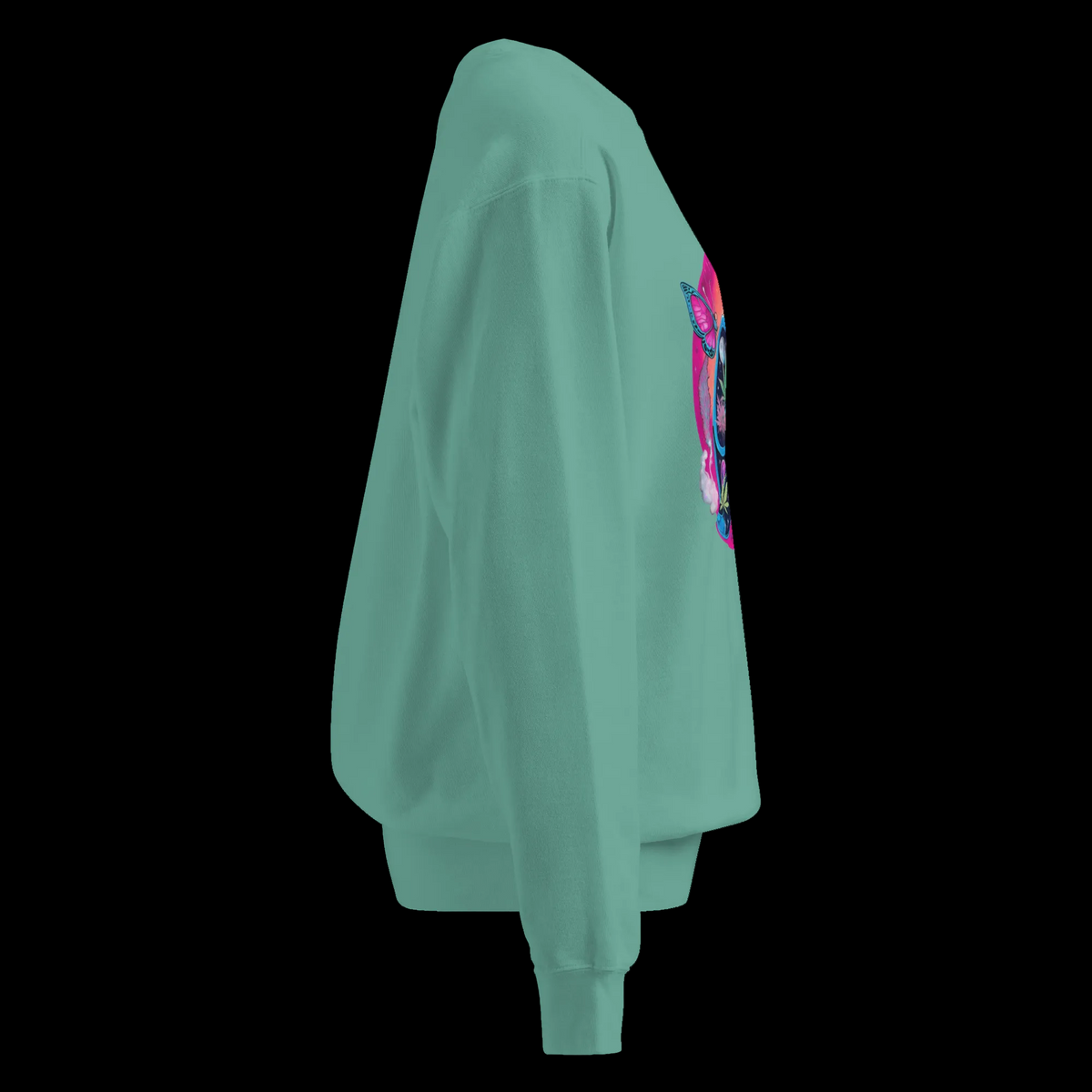 Right-side view of the Seafoam Butterfly Lungs unisex sweatshirt with a relaxed silhouette and partial chest artwork.