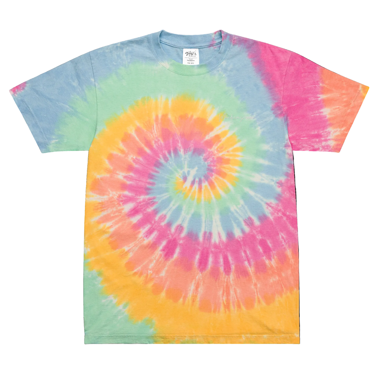 Front view of the oversized Sherbet Rainbow tee with a pastel pink, peach, yellow, mint and blue spiral plus a subtle script logo.