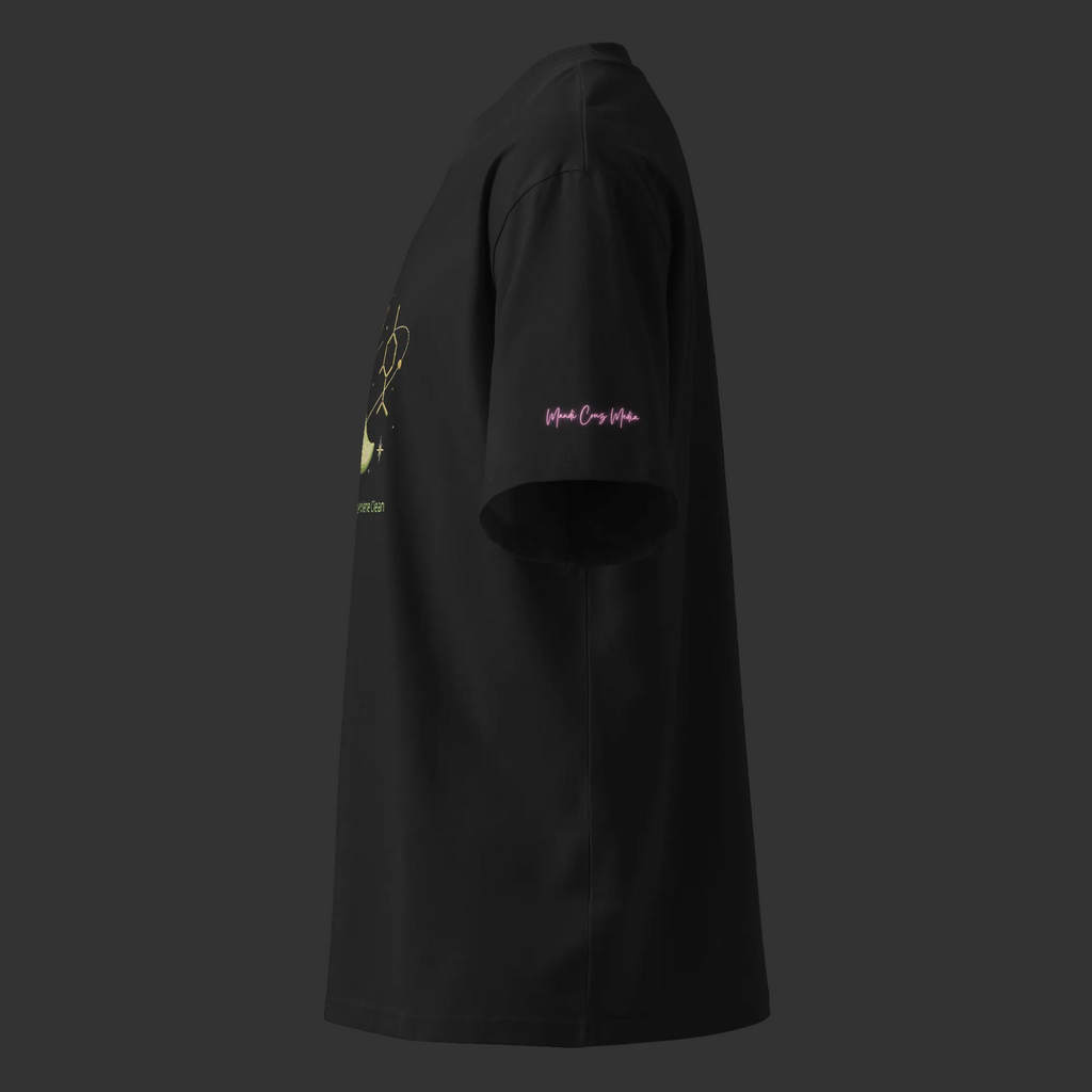 Left-side product view of the black So Fresh, So Terpinolene Clean oversized tee featuring the pink Mandi Cruz Media sleeve signature.