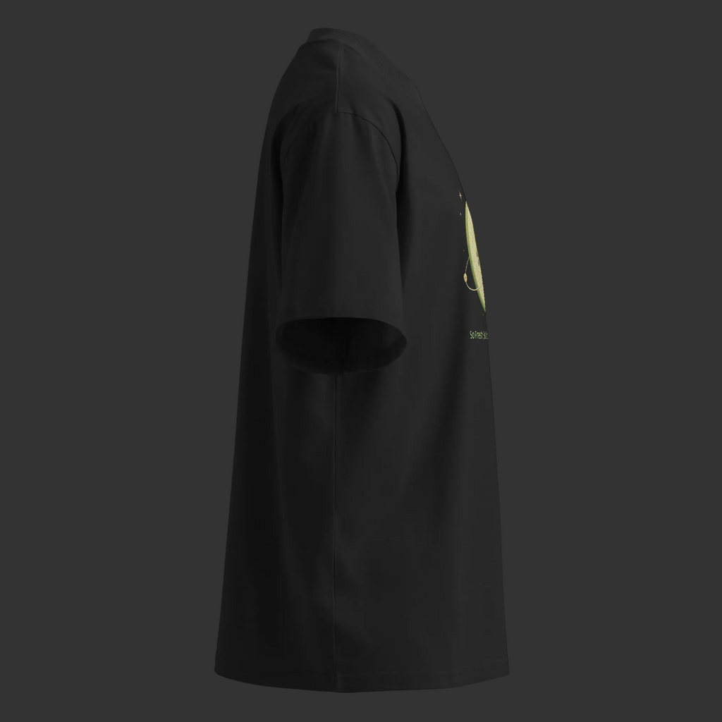 Right-side product view of the black So Fresh, So Terpinolene Clean oversized tee showing its relaxed fit and partial front artwork.