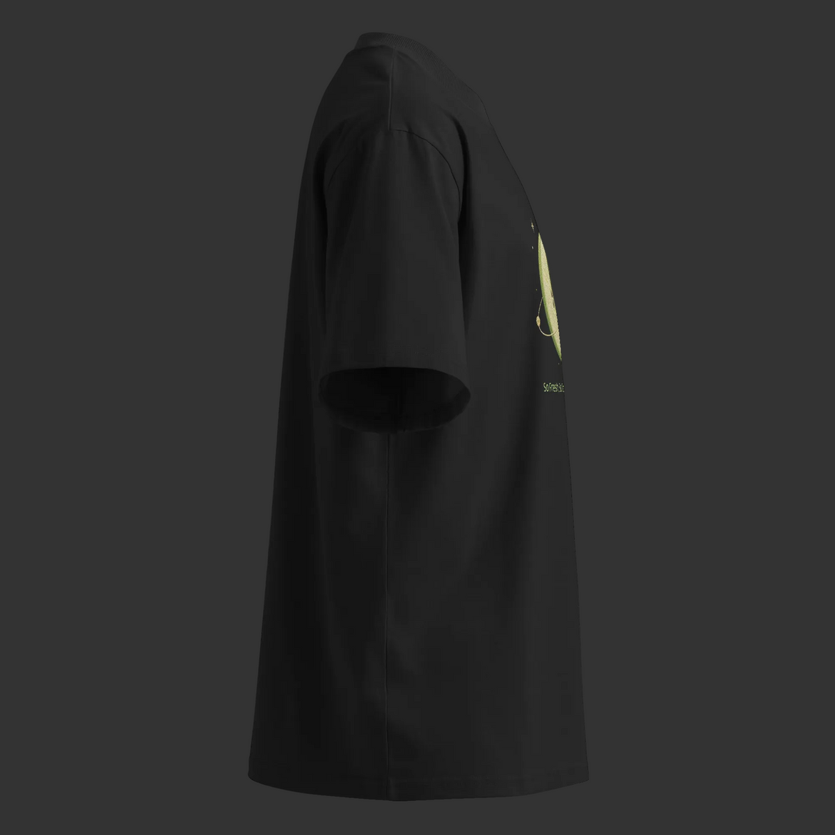 Right-side product view of the black So Fresh, So Terpinolene Clean oversized tee showing its relaxed fit and partial front artwork.