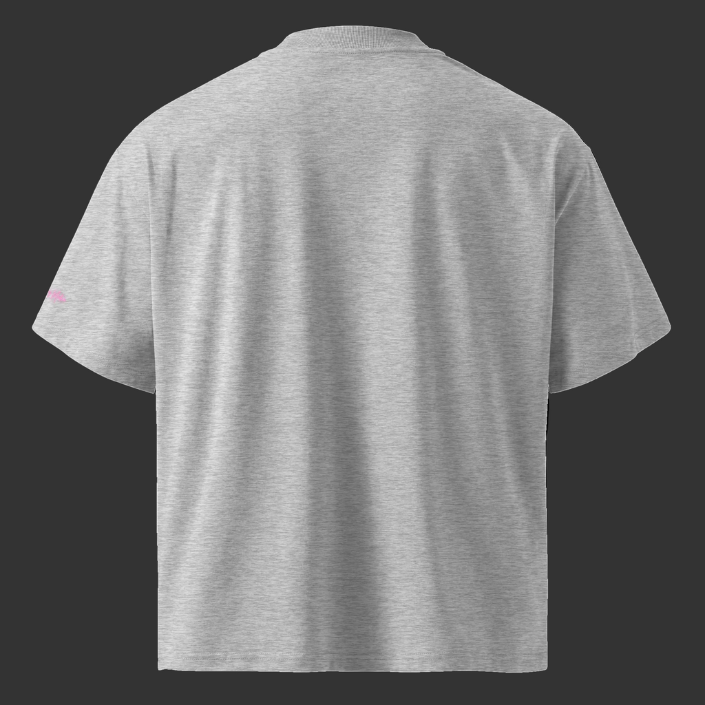 Back product view of the heather-gray So Fresh, So Terpinolene Clean oversized tee with a relaxed silhouette and subtle pink sleeve branding.