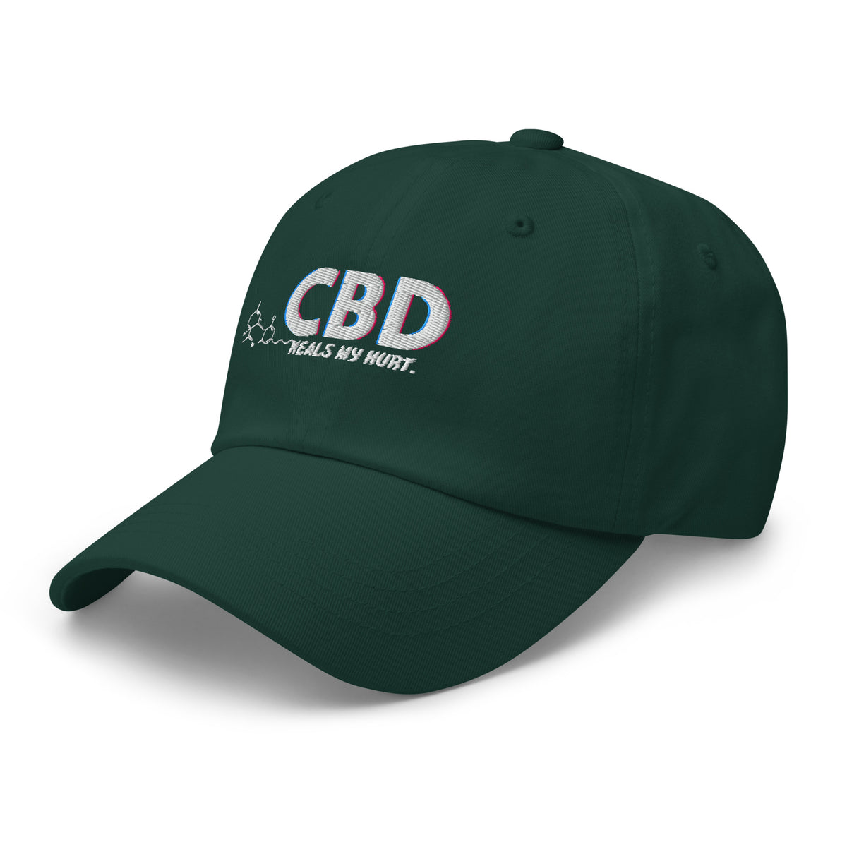 Alternate angled front view of the spruce CBD Heals My Hurt dad hat with a low-profile crown.