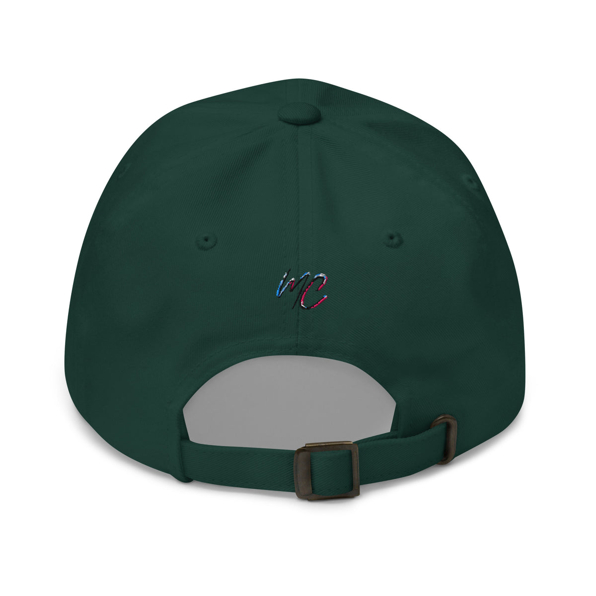 Back view of the spruce green dad hat with small MCM embroidery and an adjustable buckle closure.