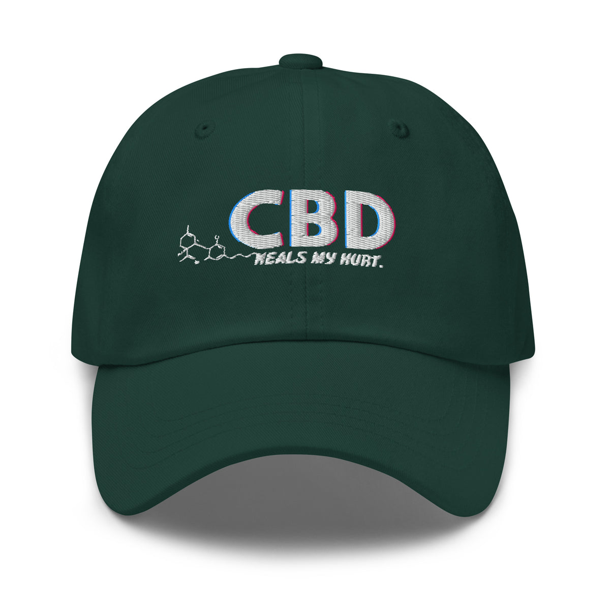Straight-on front view of the spruce green CBD Heals My Hurt dad hat with embroidered lettering and molecular detail.