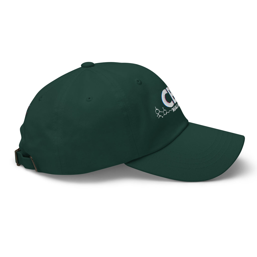 Right-facing side view of the spruce CBD Heals My Hurt dad hat showing its curved brim and adjustable back.