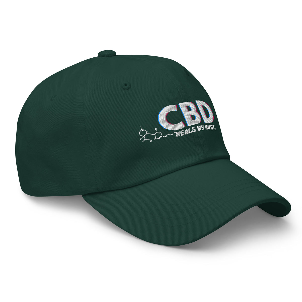 Three-quarter front view of the spruce CBD Heals My Hurt dad hat with multicolor embroidery