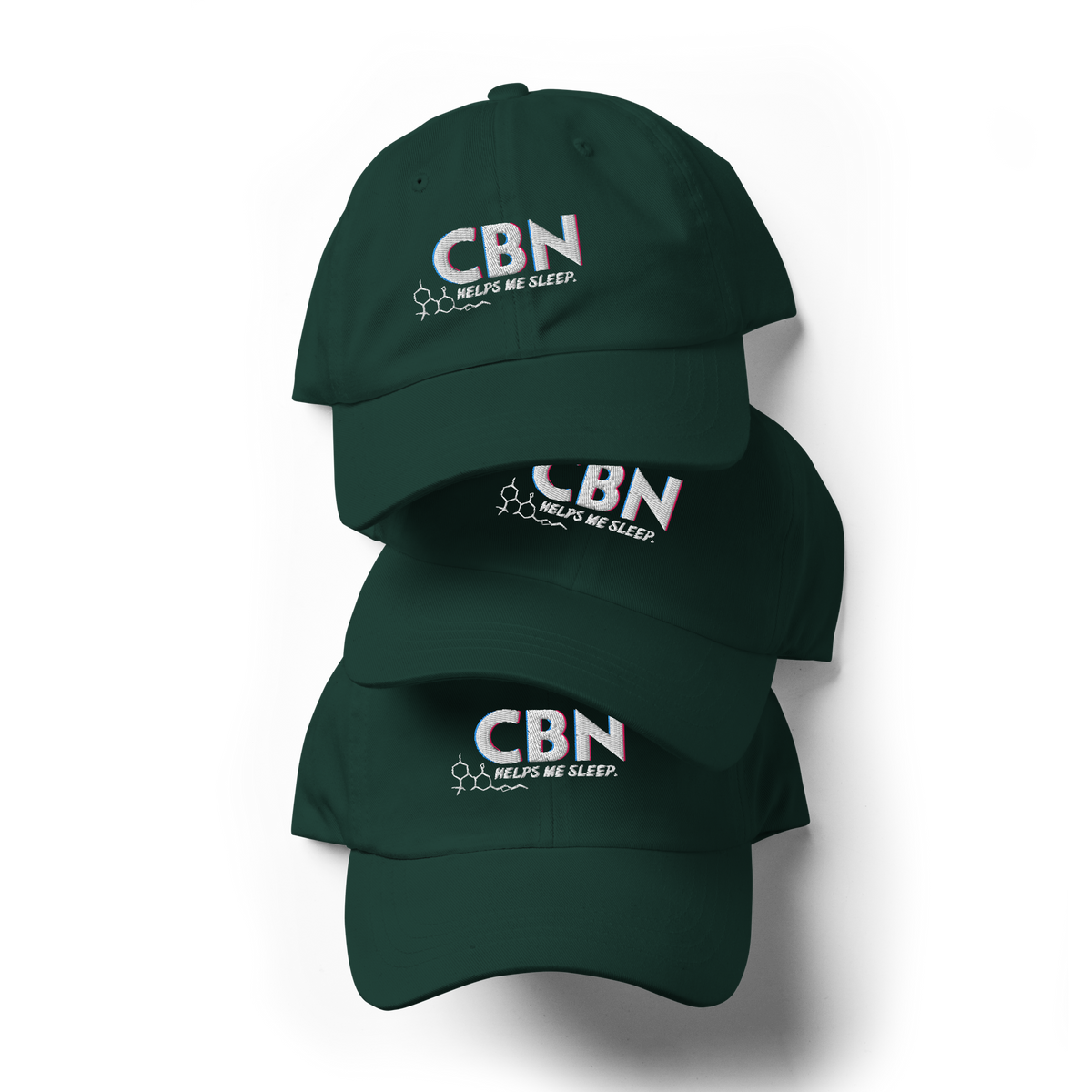 Front product view of the spruce CBN Helps Me Sleep dad hat with embroidered cannabinoid-inspired artwork.