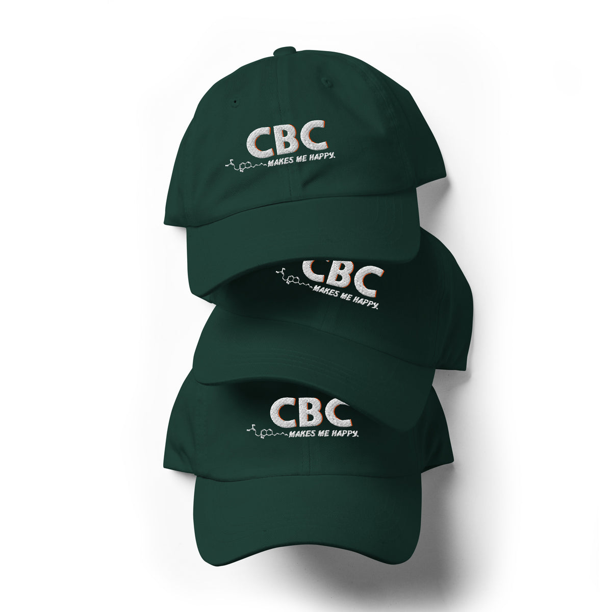 Front view of the spruce green CBC Makes Me Happy dad hat featuring embroidered lettering, a curved brim and a low-profile crown.