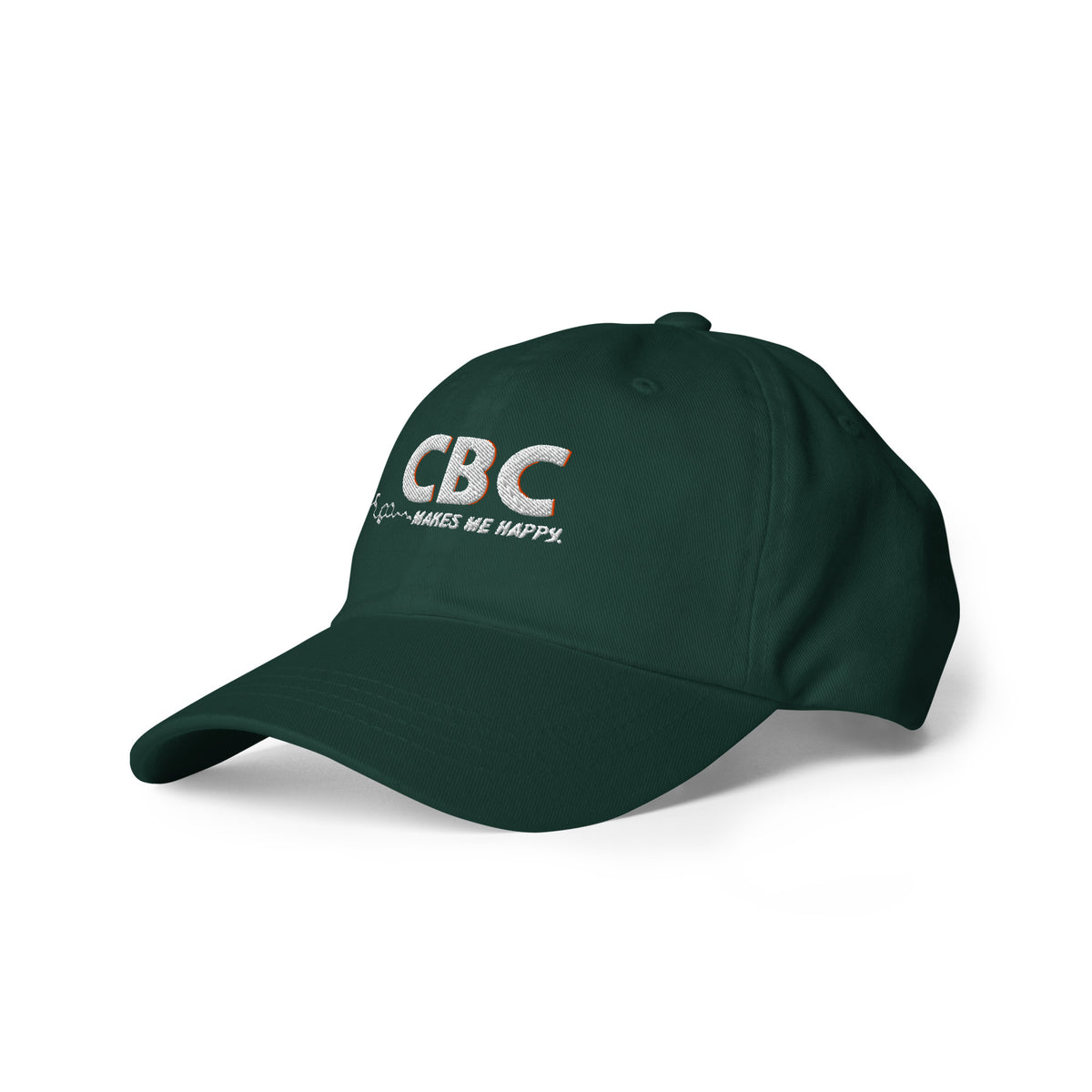 Left-front view of the spruce green CBC Makes Me Happy dad hat highlighting its embroidered message and low-profile silhouette.