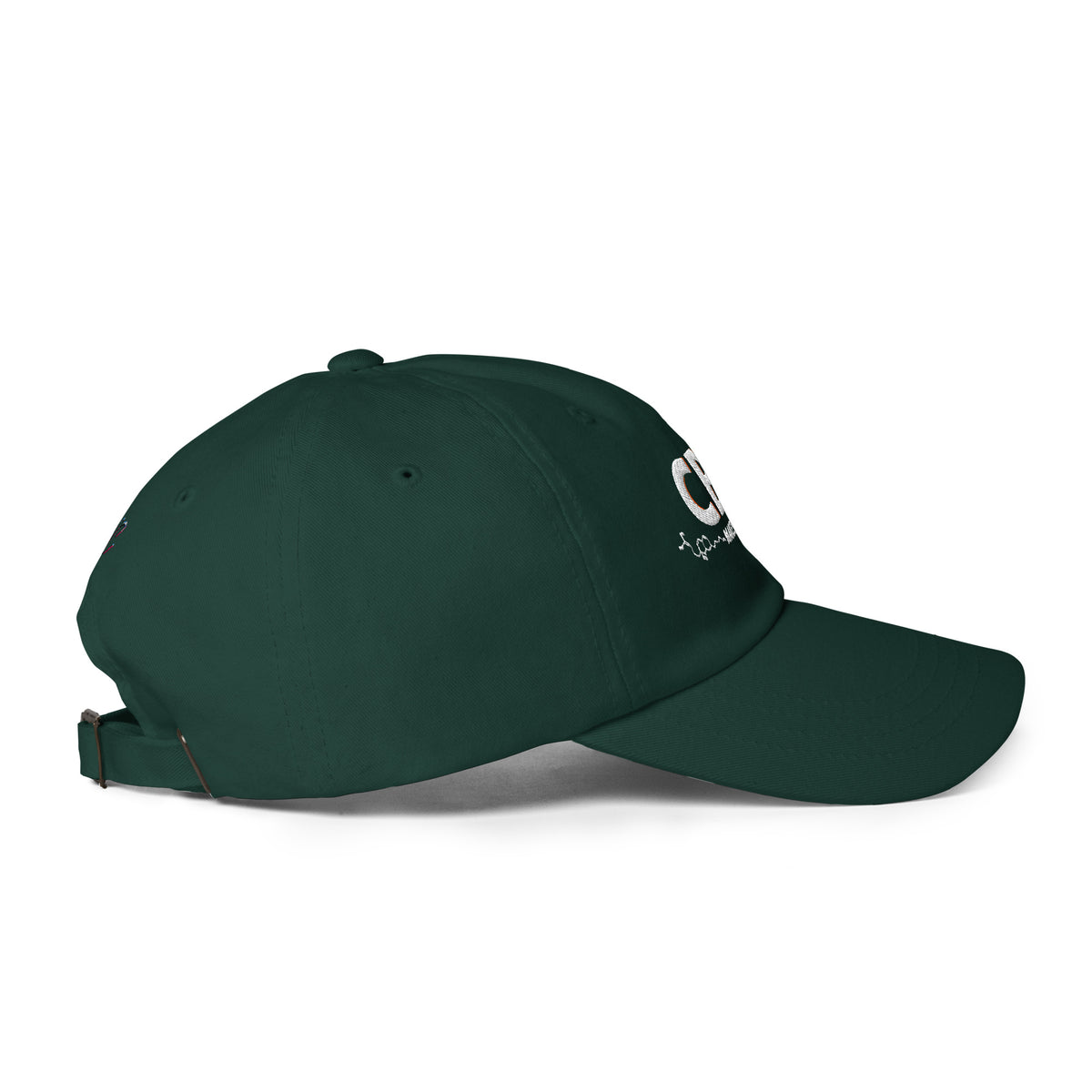 Right-side view of the spruce green CBC Makes Me Happy dad hat showing its curved visor and relaxed cotton-twill construction.