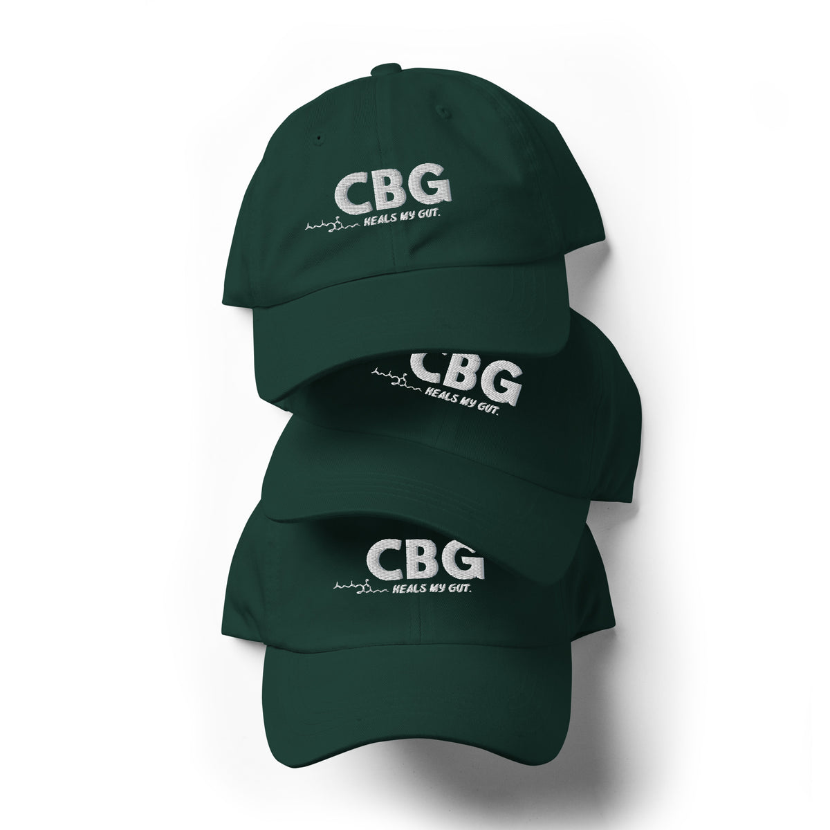 Front view of the spruce green CBG Heals My Gut dad hat featuring embroidered lettering, a curved brim and a low-profile crown.