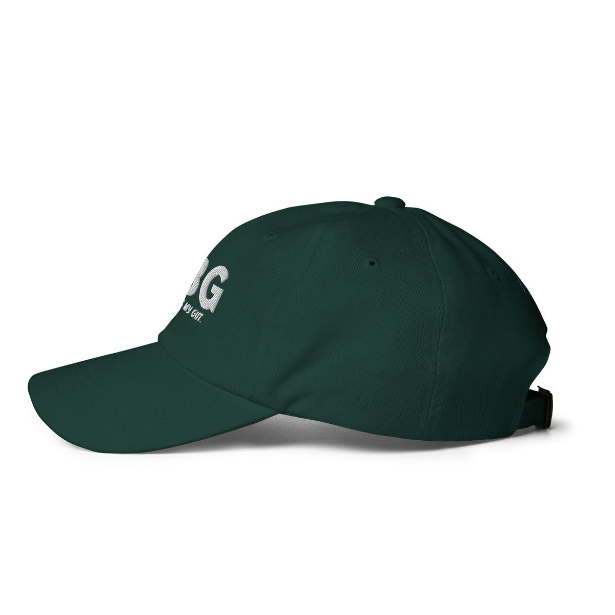 Left-side view of the spruce green CBG Heals My Gut dad hat showing its curved brim, six-panel crown and embroidered eyelets.