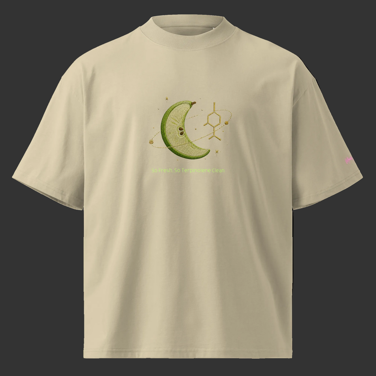 Front view of the stone oversized organic tee featuring the So Fresh, So Terpinolene Clean graphic.