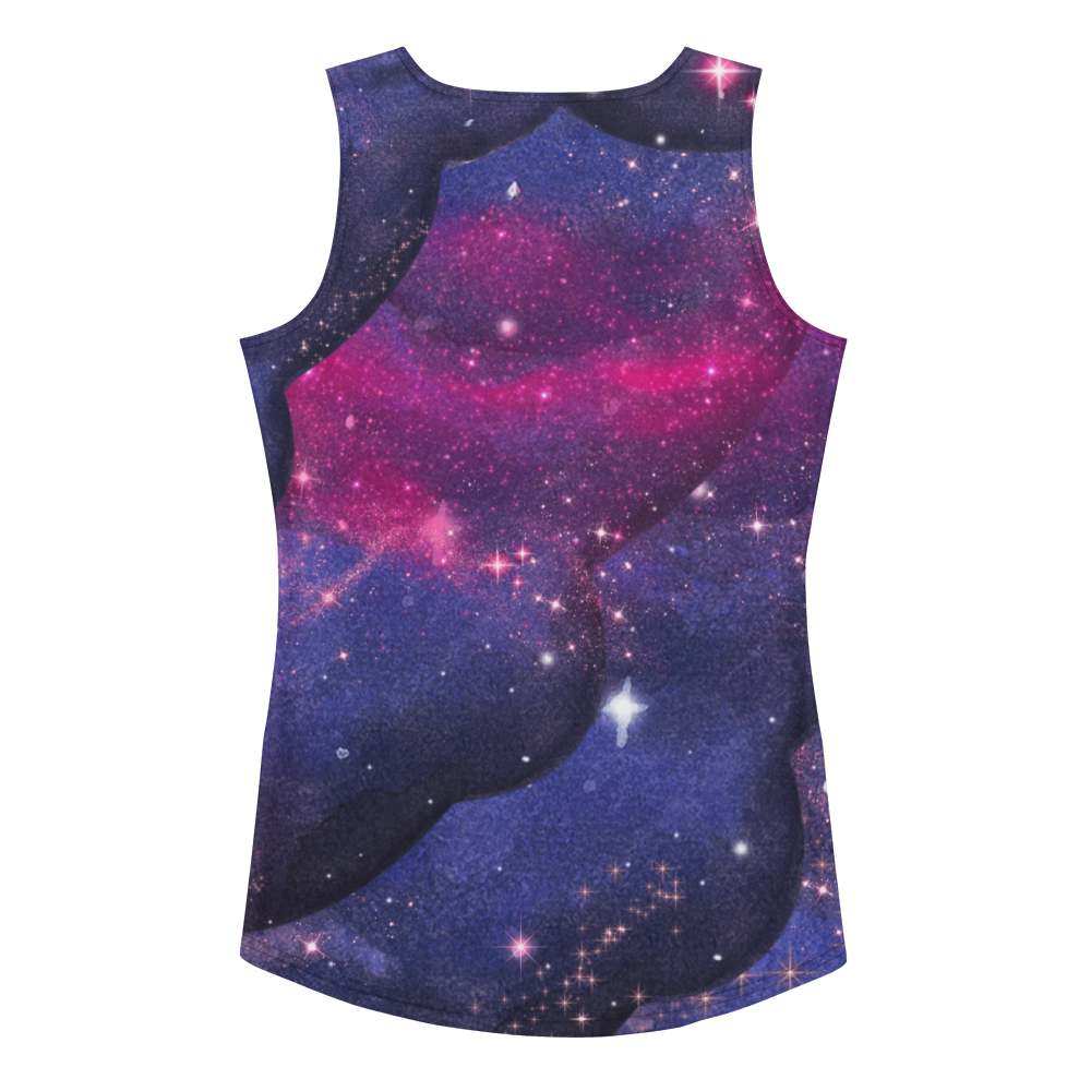 Back product view of the galaxy cut-and-sew tank top showing its wide straps, rounded neckline, curved hem and all-over cosmic print.