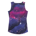 Back product view of the galaxy cut-and-sew tank top showing its wide straps, rounded neckline, curved hem and all-over cosmic print.