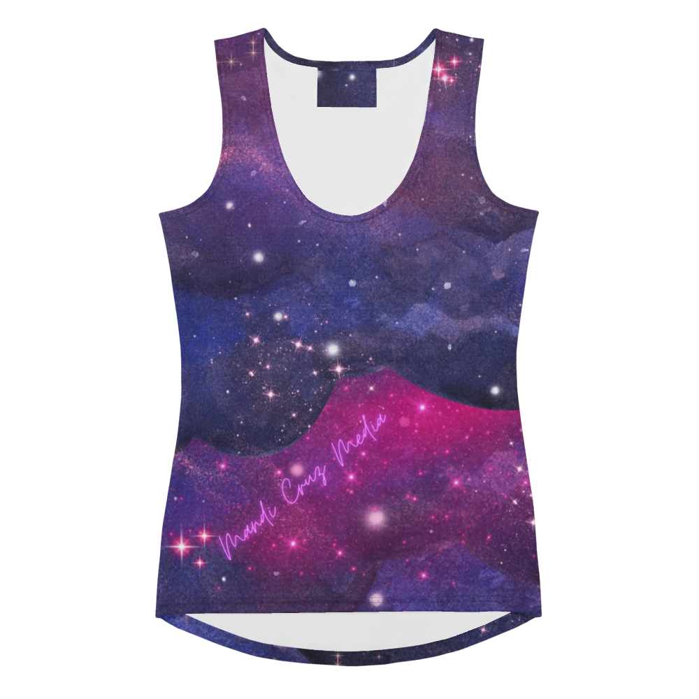 Front product view of the galaxy cut-and-sew tank top featuring an indigo and magenta star print with diagonal Mandi Cruz Media script.