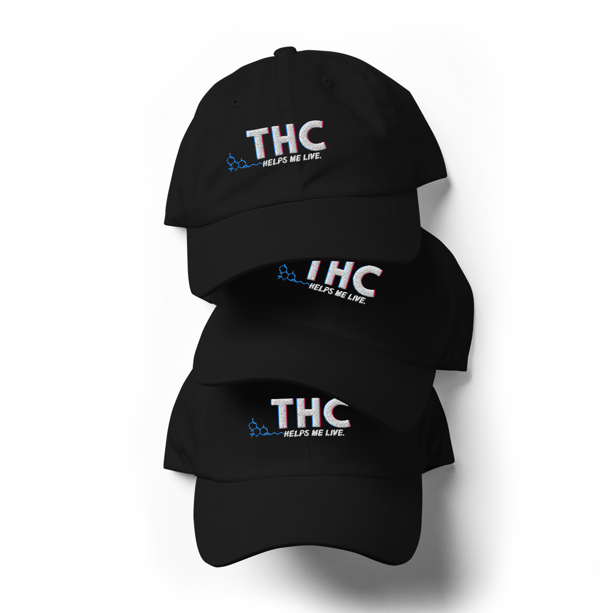 Front product view of the black dad hat featuring the embroidered THC Helps Me Live design by Mandi Cruz Media.
