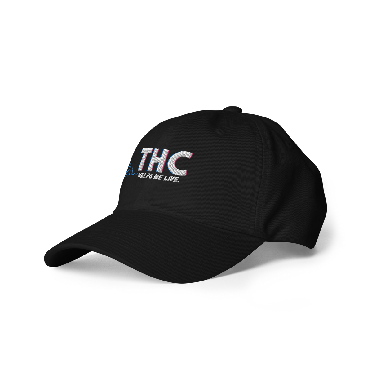 Left-front product view of the black dad hat displaying the embroidered THC Helps Me Live artwork.