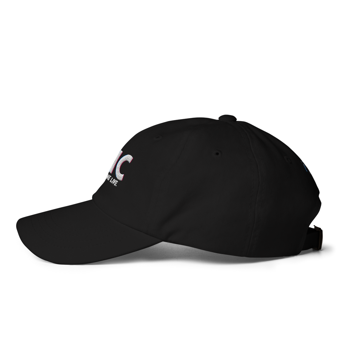 Left-side product view of the black THC Helps Me Live dad hat with a curved brim and low-profile crown.
