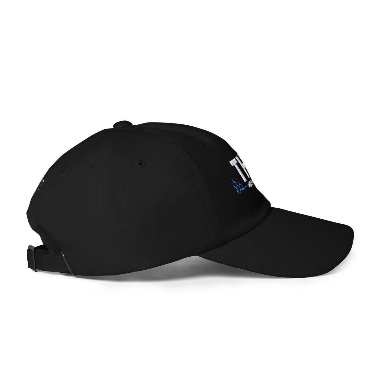 Left-side product view of the black THC Right-side product view of the black THC Helps Me Live embroidered cotton twill dad hat.