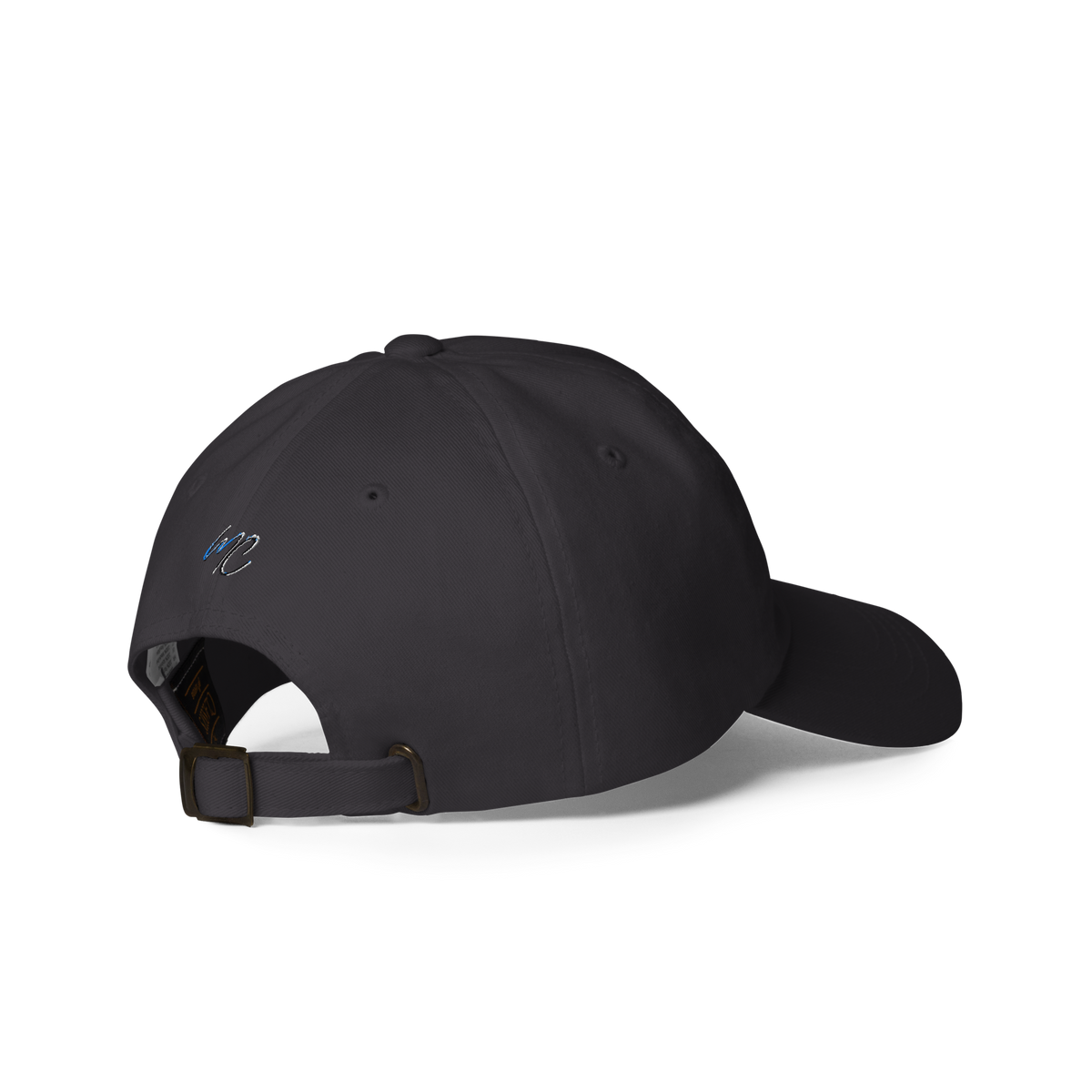 Right-back product view of the dark grey THC Helps Me Live dad hat showing its adjustable strap.
