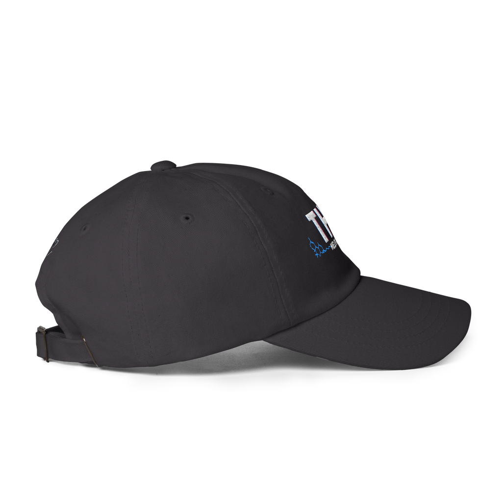 Right-side product view of the dark grey THC Helps Me Live dad hat with a classic curved brim.