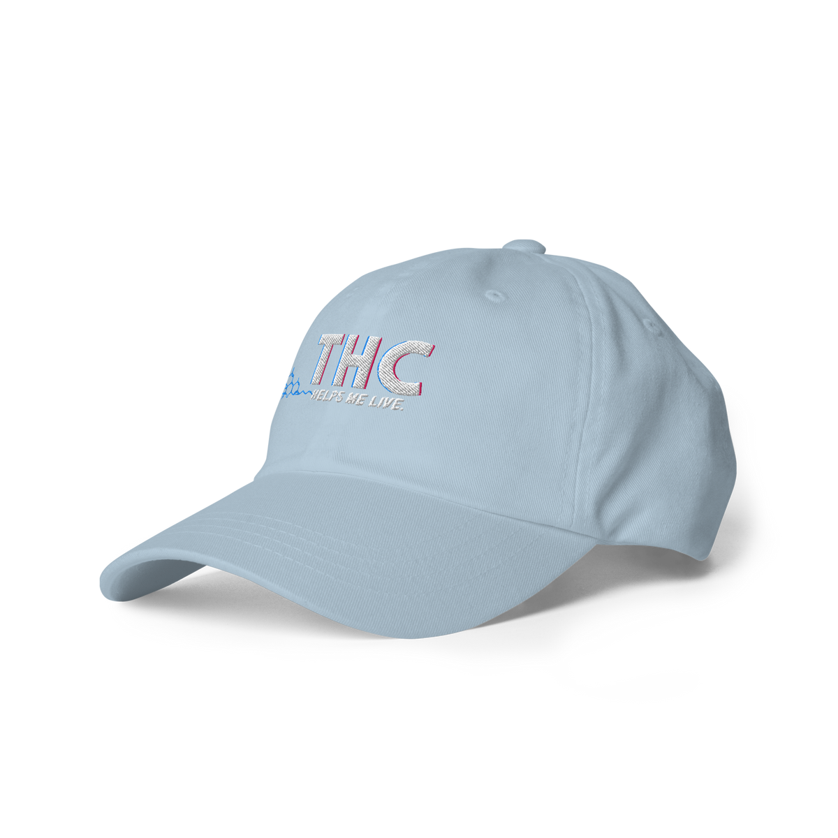 Left-front product view of the light blue dad hat featuring the embroidered THC Helps Me Live design.