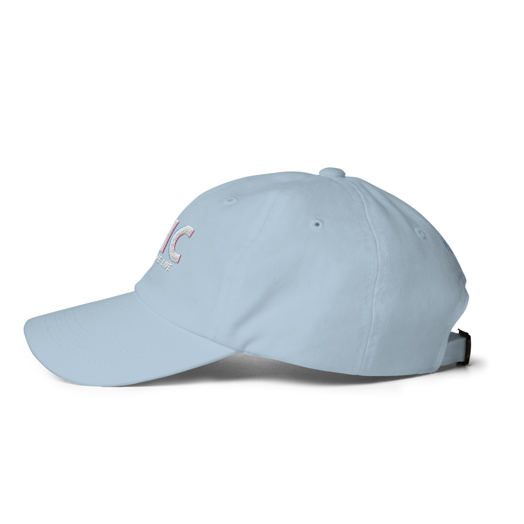 Left-side product view of the light blue THC Helps Me Live dad hat with a relaxed low-profile shape.