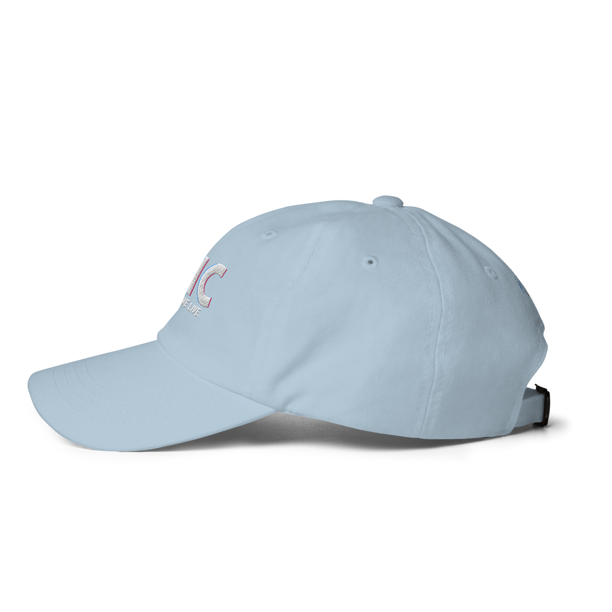 Left-side product view of the light blue THC Helps Me Live dad hat with a relaxed low-profile shape.