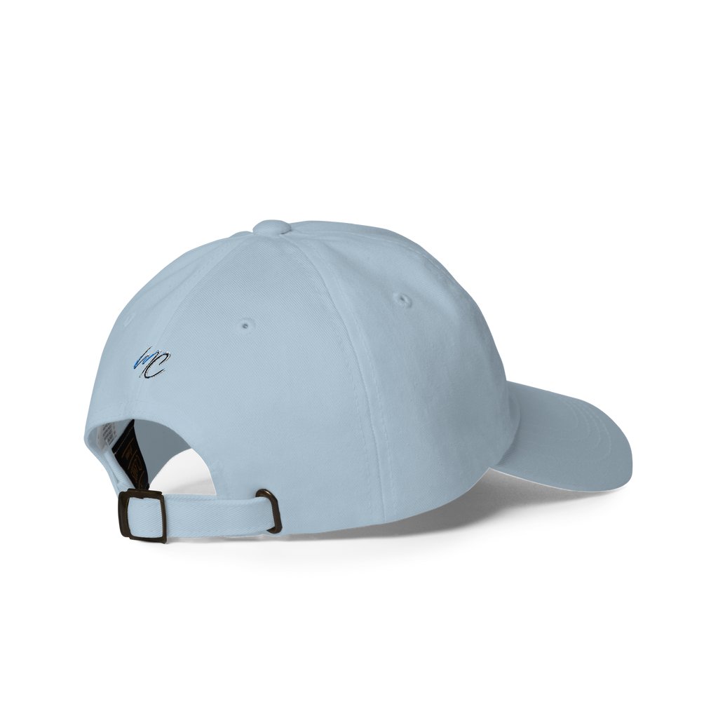 Right-back product view of the light blue THC Helps Me Live dad hat showing its adjustable strap.